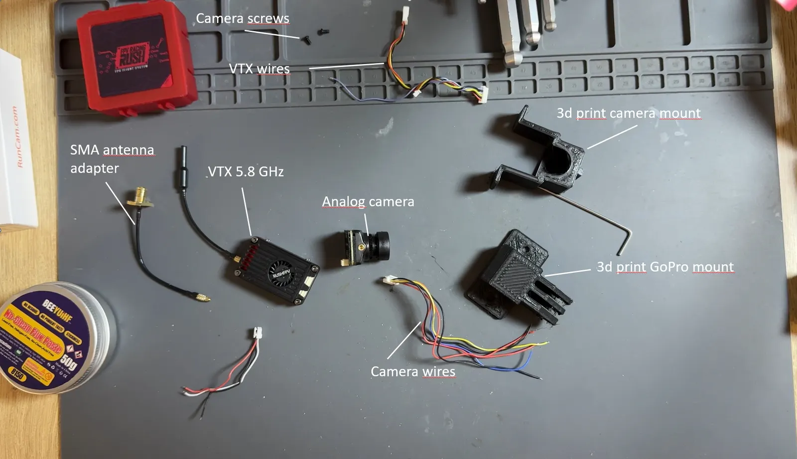 Caméra FPV RunCam, VTX 5,8 GHz et leurs connecteurs avant assemblage